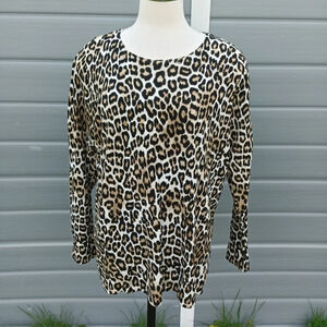 Chicos Leopard Sweater Size 3P Large Tan Black White Long Sleeve Top